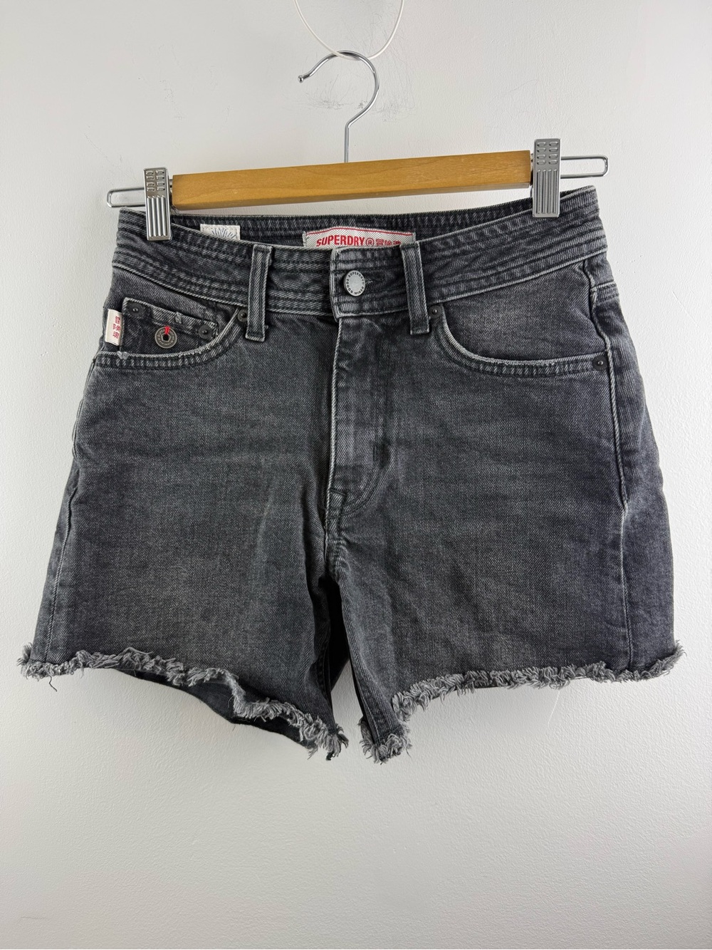 Superdry High Rise Distressed Cut Off Denim Shorts Charcoal Washed Black